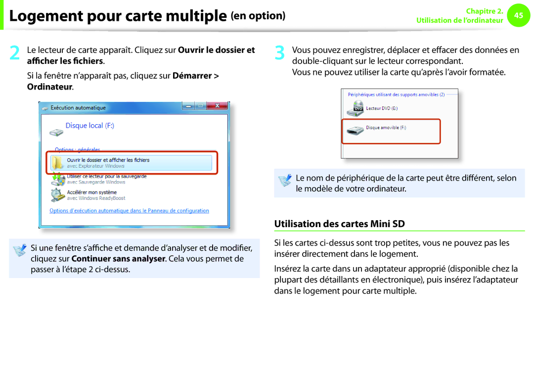 Samsung NP270E5E-X04FR, NP270E5E-X05FR, NP270E5E-K06FR, NP270E5E-K03FR, NP270E5E-K05FR manual Utilisation des cartes Mini SD 