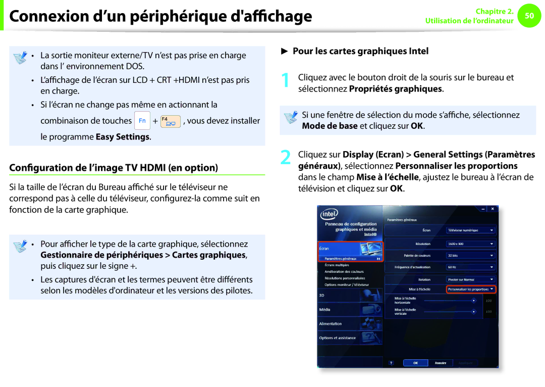 Samsung NP270E5E-X08FR, NP270E5E-X05FR manual Configuration de l’image TV Hdmi en option, Pour les cartes graphiques Intel 