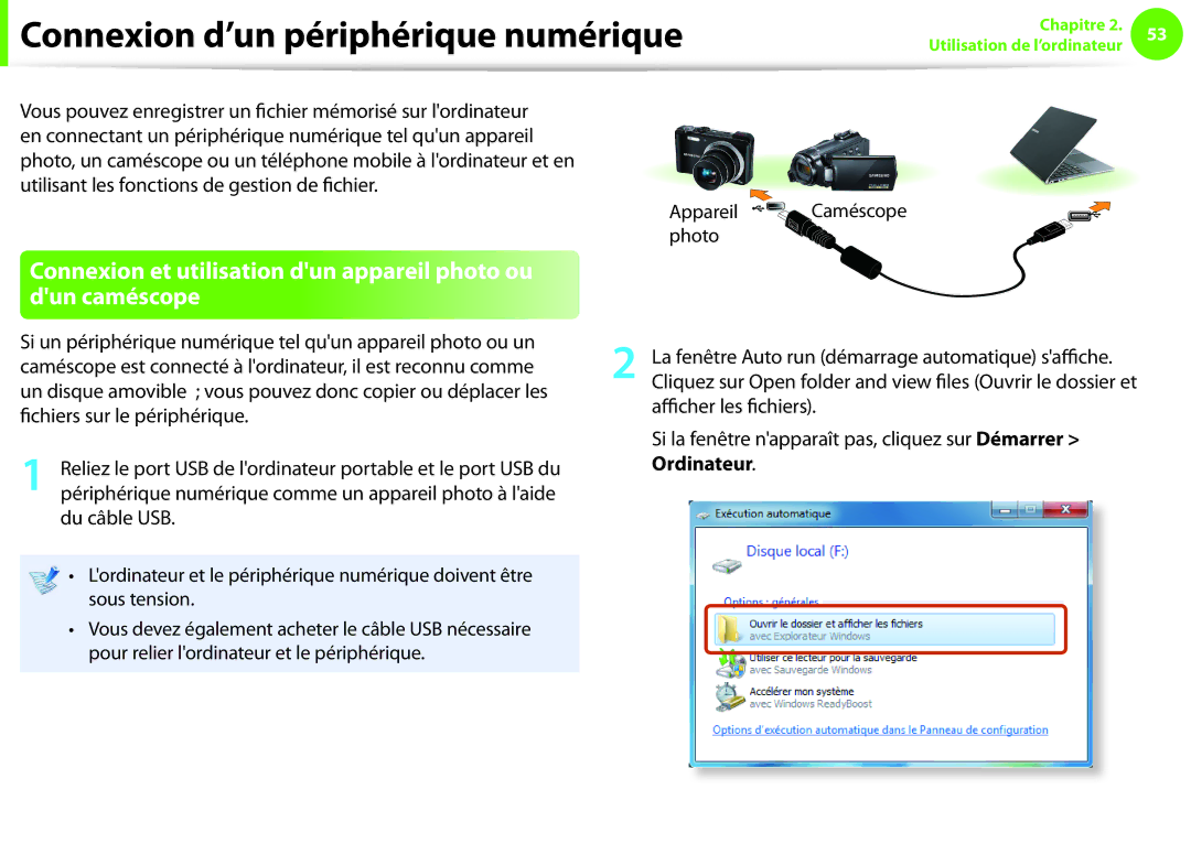 Samsung NP270E5E-X05FR Connexion d’un périphérique numérique, Connexion et utilisation dun appareil photo ou dun caméscope 