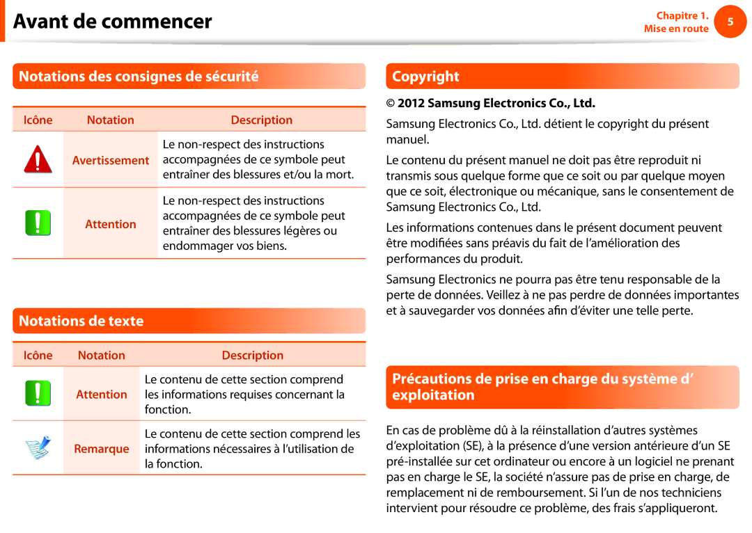 Samsung NP270E5E-X02FR, NP270E5E-X05FR, NP270E5E-K06FR Notations des consignes de sécurité, Notations de texte, Copyright 