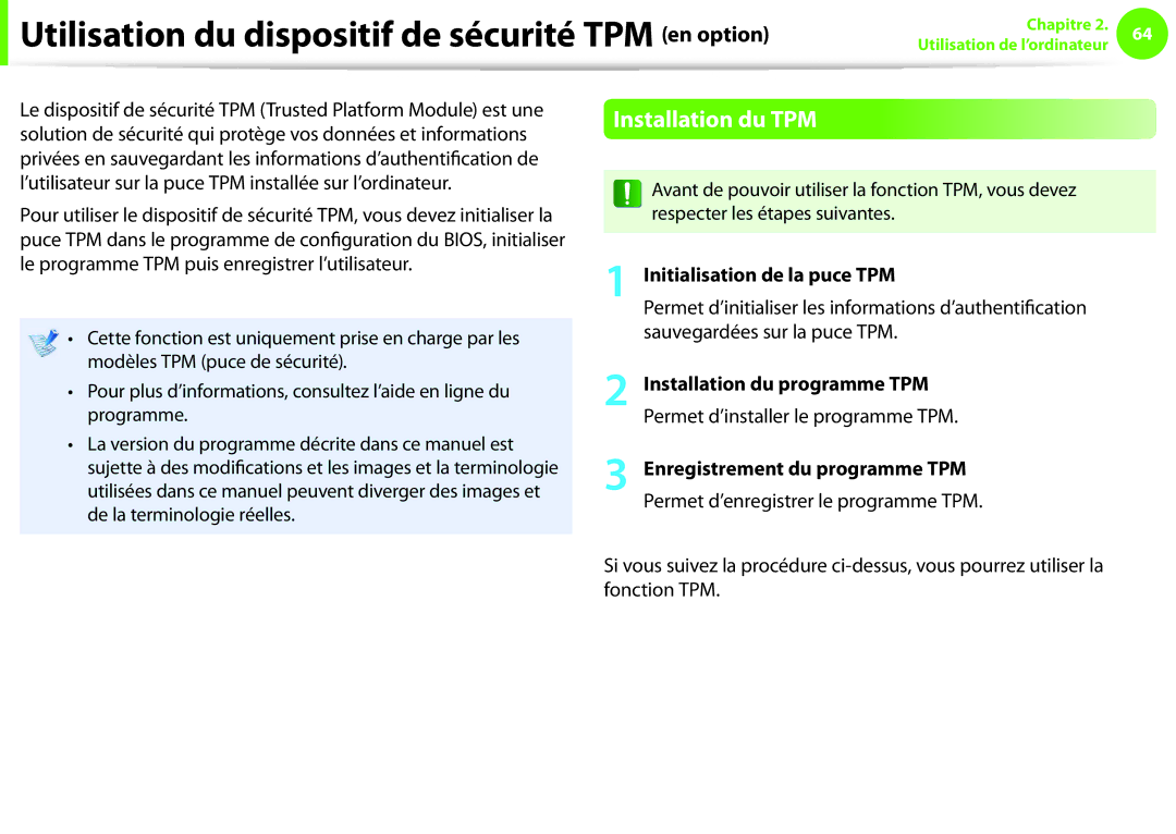 Samsung NP270E5E-K08FR, NP270E5E-X05FR manual Utilisation du dispositif de sécurité TPM en option, Installation du TPM 