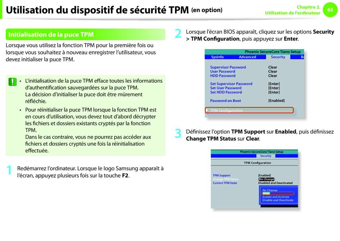 Samsung NP270E5E-X06FR, NP270E5E-X05FR, NP270E5E-K06FR manual Initialisation de la puce TPM, SysInfo Advanced Security Bo 