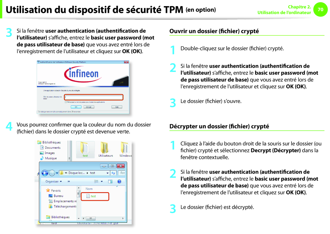 Samsung NP275E5E-K02FR, NP270E5E-X05FR manual Ouvrir un dossier fichier crypté, Décrypter un dossier fichier crypté 