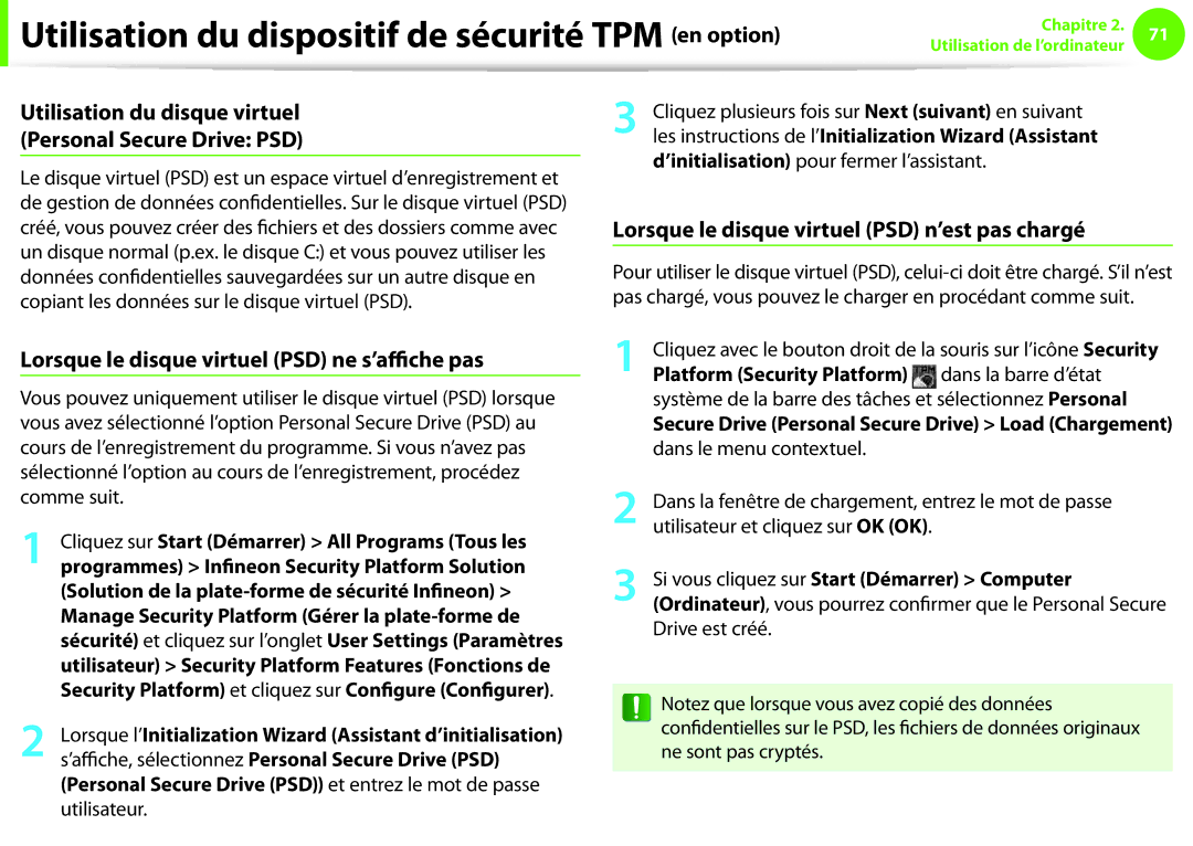 Samsung NP270E5E-X05FR Lorsque le disque virtuel PSD ne s’affiche pas, Lorsque le disque virtuel PSD n’est pas chargé 