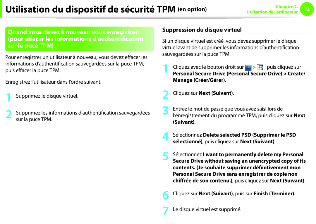 Samsung NP270E5E-K06FR manual Suppression du disque virtuel, Manage Créer/Gérer, Suivant, Le disque virtuel est supprimé 