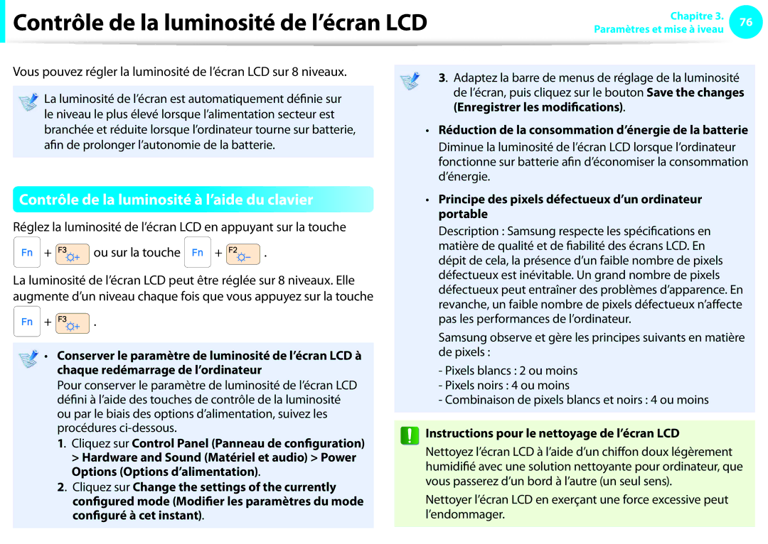 Samsung NP910S5J-K01FR manual Contrôle de la luminosité de l’écran LCD, Contrôle de la luminosité à l’aide du clavier 