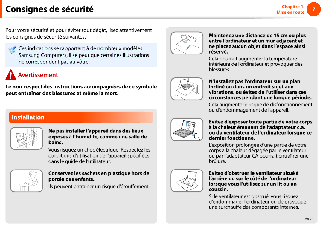 Samsung NP910S5J-K02FR, NP270E5E-X05FR Consignes de sécurité, Installation, Ils peuvent entraîner un risque d’étouffement 