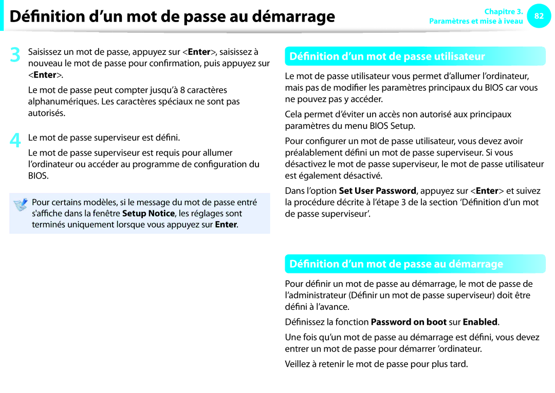 Samsung NP270E5E-K08FR, NP270E5E-X05FR Définition d’un mot de passe utilisateur, Définition d’un mot de passe au démarrage 