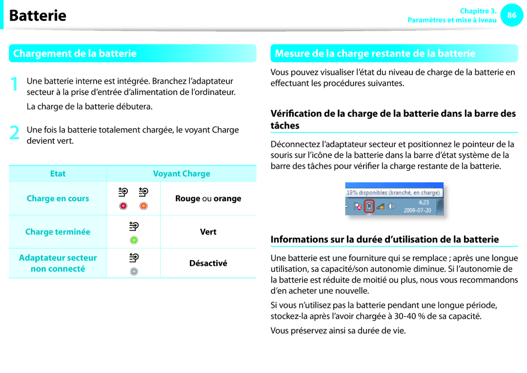 Samsung NP270E5E-X08FR, NP270E5E-X05FR manual Chargement de la batterie, Mesure de la charge restante de la batterie 