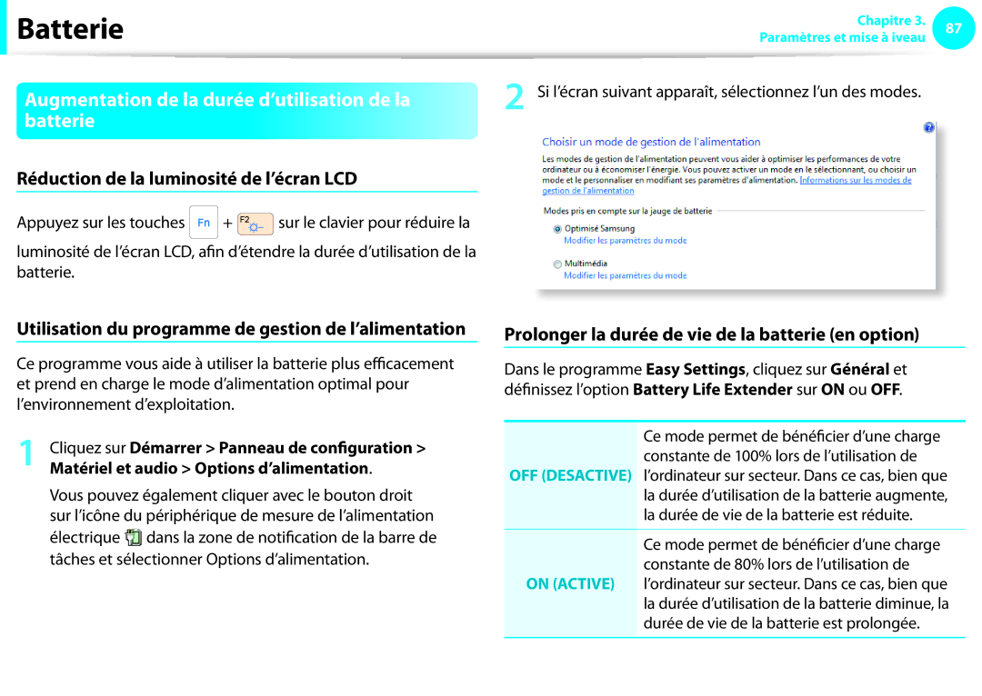 Samsung NP270E5E-K09FR Augmentation de la durée d’utilisation de la batterie, Réduction de la luminosité de l’écran LCD 