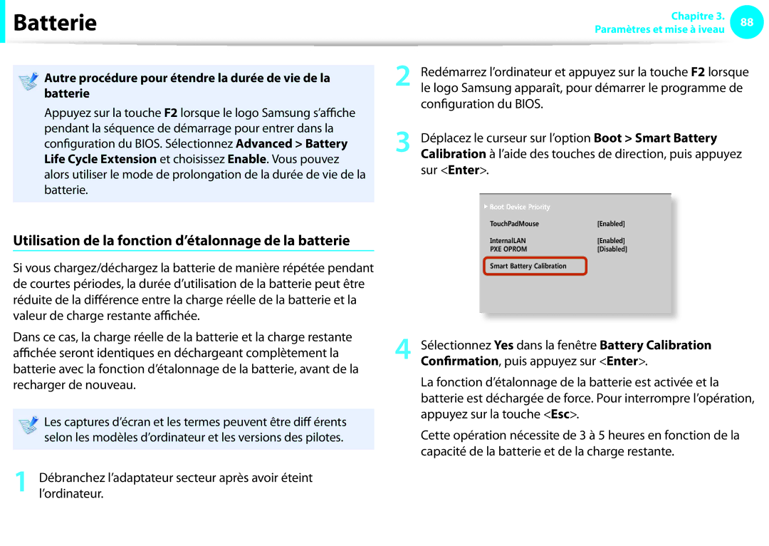 Samsung NP275E5E-K02FR, NP270E5E-X05FR, NP270E5E-K06FR Utilisation de la fonction d’étalonnage de la batterie, Sur Enter 