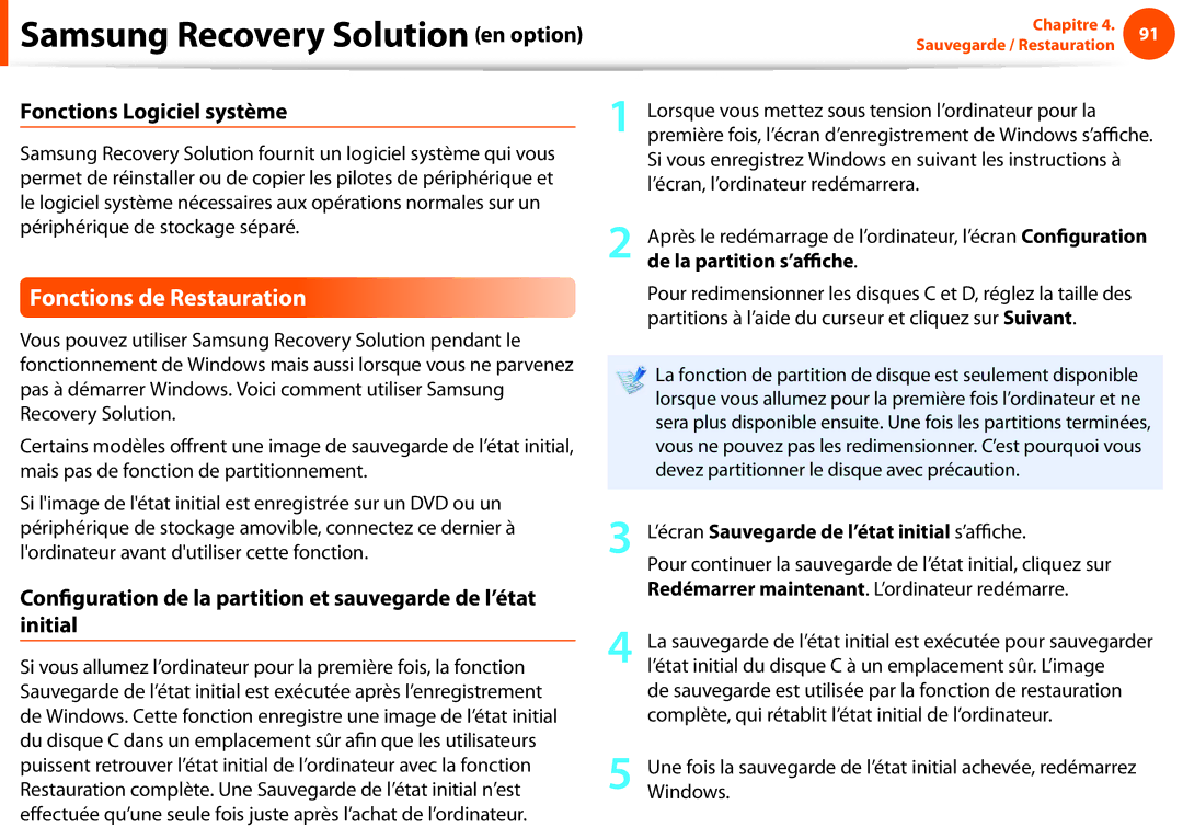 Samsung NP270E5E-K03FR, NP270E5E-X05FR Fonctions de Restauration, Fonctions Logiciel système, De la partition s’affiche 