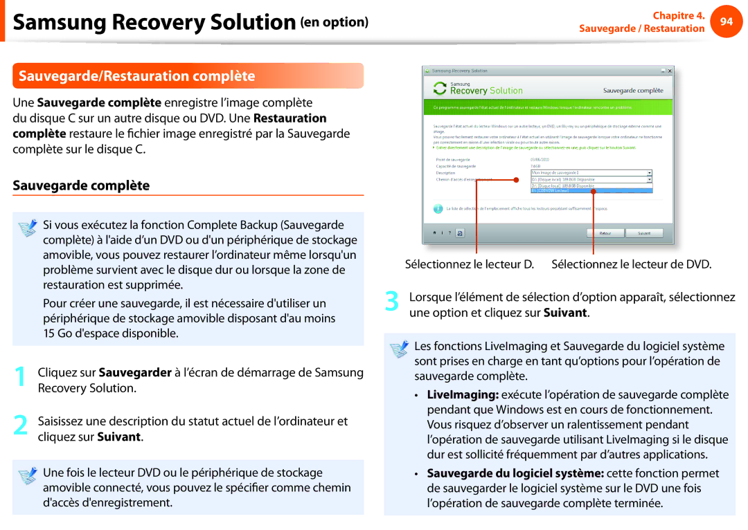 Samsung NP910S5J-K01FR, NP270E5E-X05FR, NP270E5E-K06FR, NP270E5E-K03FR Sauvegarde/Restauration complète, Sauvegarde complète 