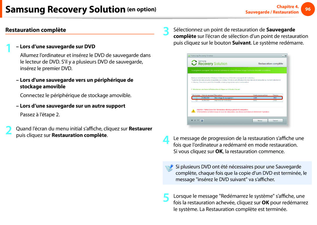 Samsung NP270E5E-K04FR, NP270E5E-X05FR, NP270E5E-K06FR, NP270E5E-K03FR Restauration complète, Lors d’une sauvegarde sur DVD 