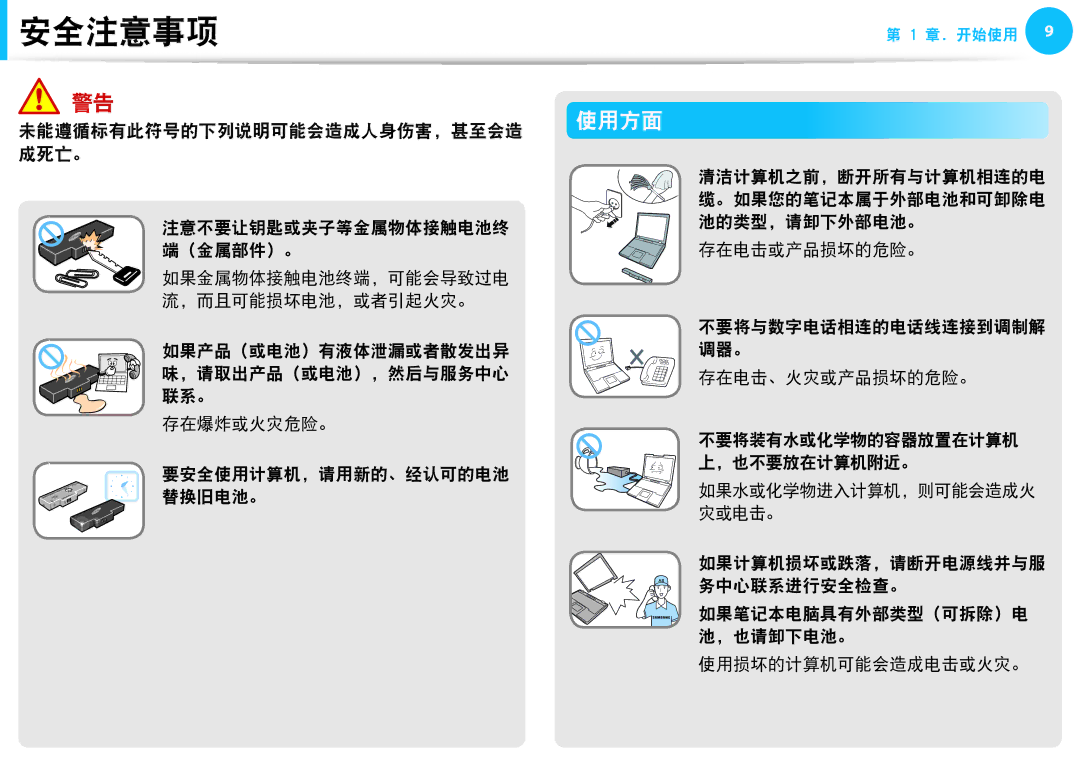 Samsung NP930X5J-K02AT, NP270E5G-K04AT, NP275E5E-K01GR, NP275E5E-K01PL manual 安全注意事项, 未能遵循标有此符号的下列说明可能会造成人身伤害，甚至会造 使用方面 成死亡。 