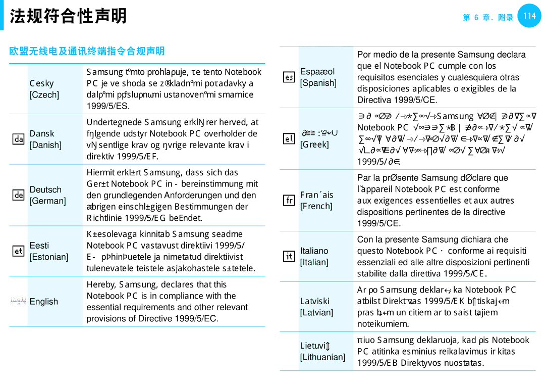 Samsung NP270E5G-K04CH, NP270E5G-K04AT, NP275E5E-K01GR, NP275E5E-K01PL, NP905S3G-K02PL, NP940X3G-K03DE manual 欧盟无线电及通讯终端指令合规声明 
