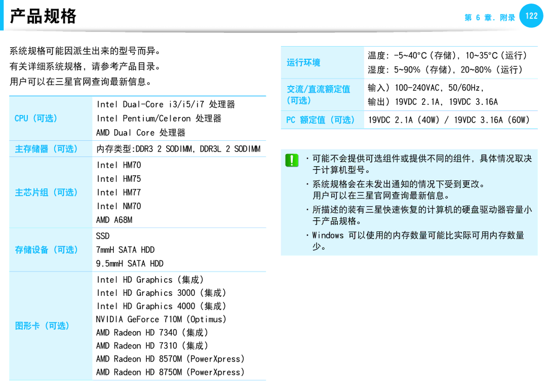 Samsung NP940X3G-K01CH, NP270E5G-K04AT, NP275E5E-K01GR manual 产品规格, 系统规格可能因派生出来的型号而异。 有关详细系统规格，请参考产品目录。 用户可以在三星官网查询最新信息。 