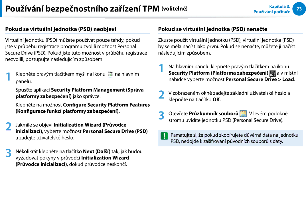 Samsung NP270E5E-K02CZ manual Security Platform Platforma zabezpečení, Nabídce vyberte možnost Personal Secure Drive Load 