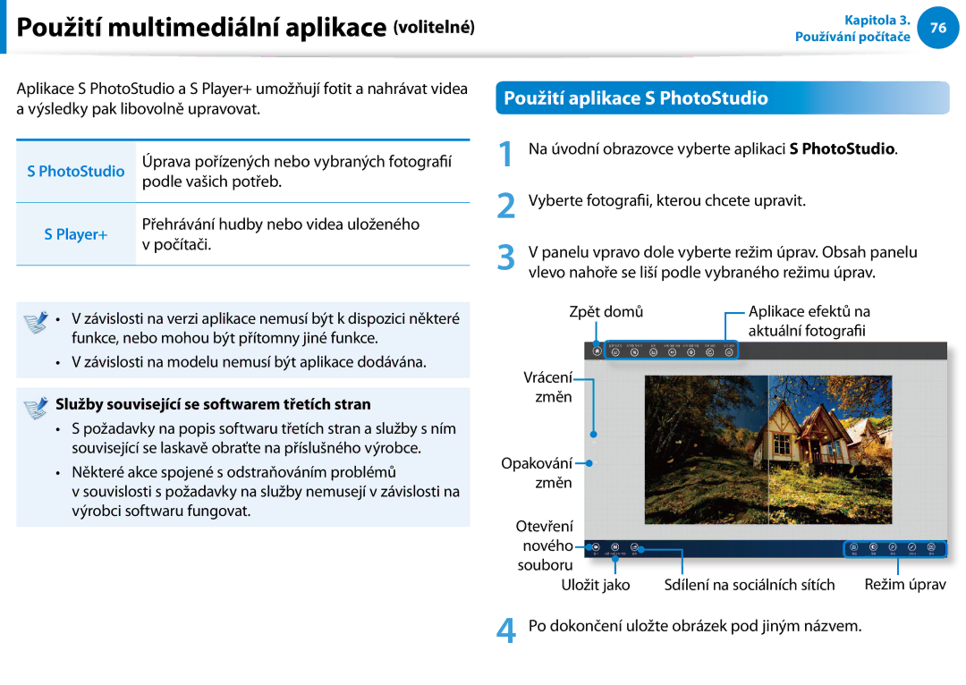 Samsung NP930X5J-K03CH, NP270E5G-K04AT manual Použití aplikace S PhotoStudio, Služby související se softwarem třetích stran 