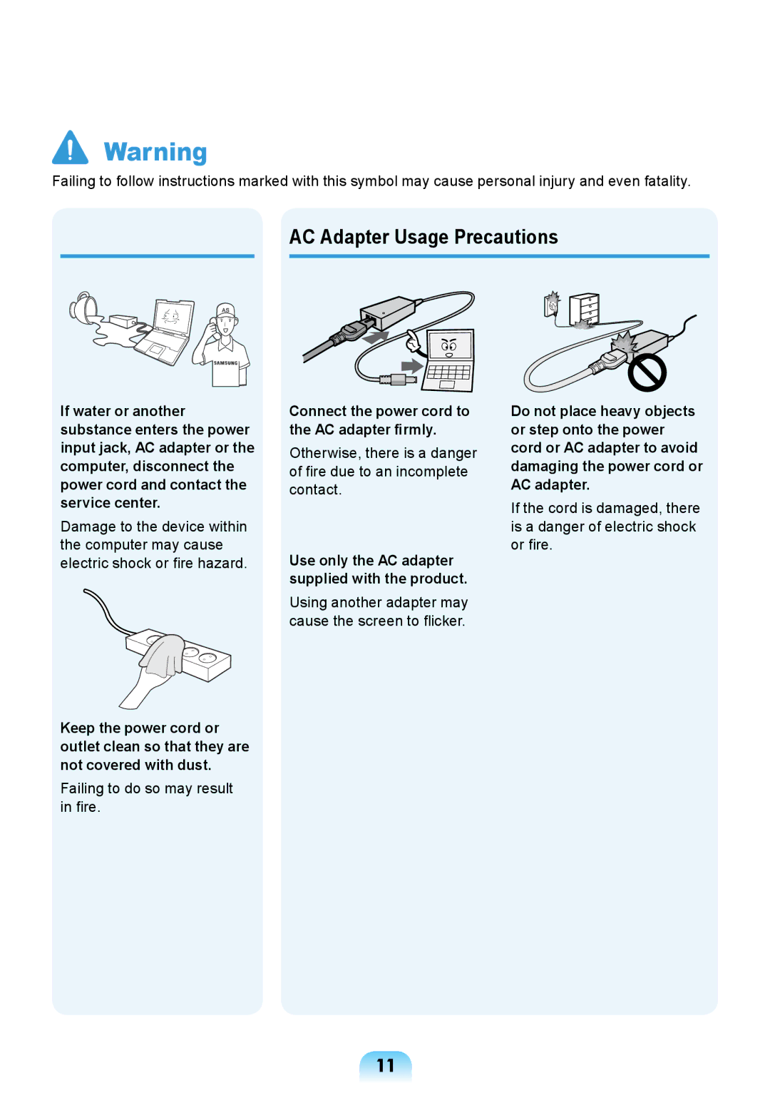 Samsung NP270E5R-K01SA, NP270E5R-X01TR, NP270E5U-K03TR AC Adapter Usage Precautions, Failing to do so may result in fire 