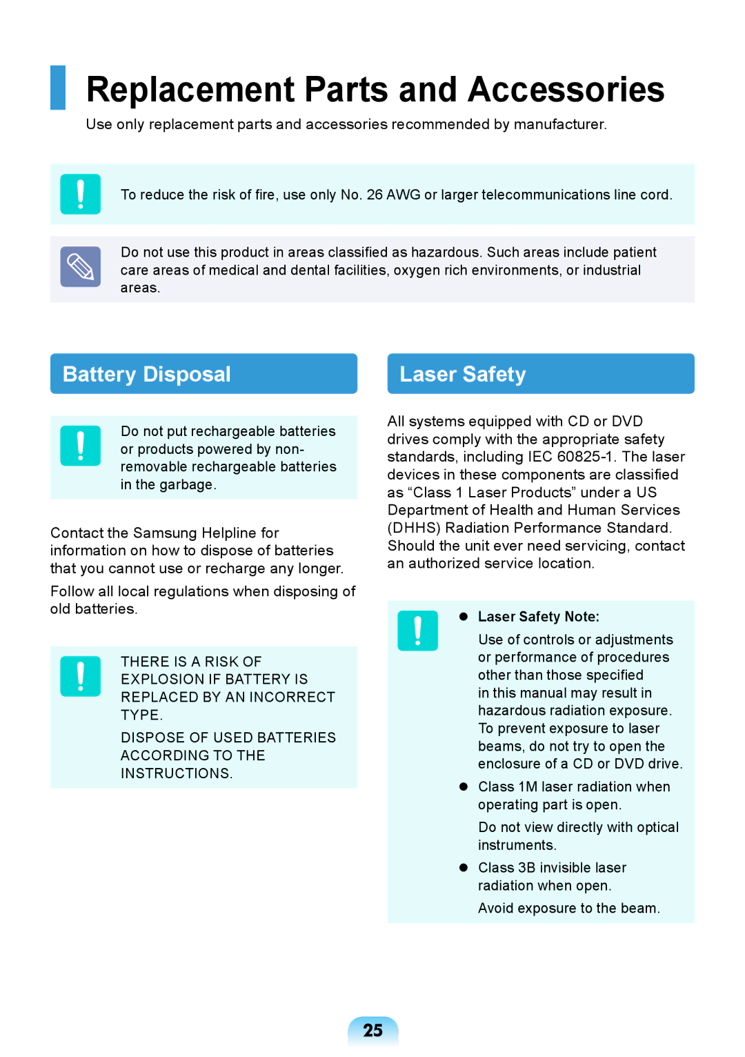 Samsung NP-RV418-A03VN, NP270E5R-X01TR, NP270E5U-K03TR manual Replacement Parts and Accessories,  Laser Safety Note 