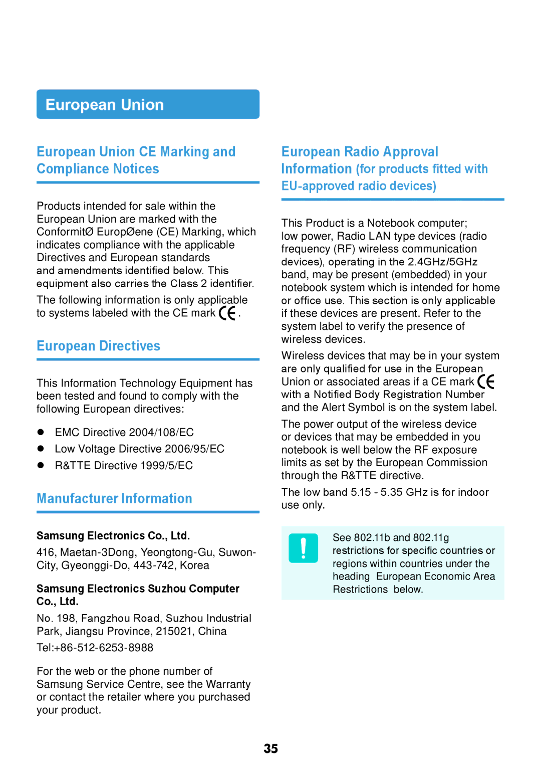 Samsung NP-RV418-A01VN European Union CE Marking and Compliance Notices, European Directives, Manufacturer Information 