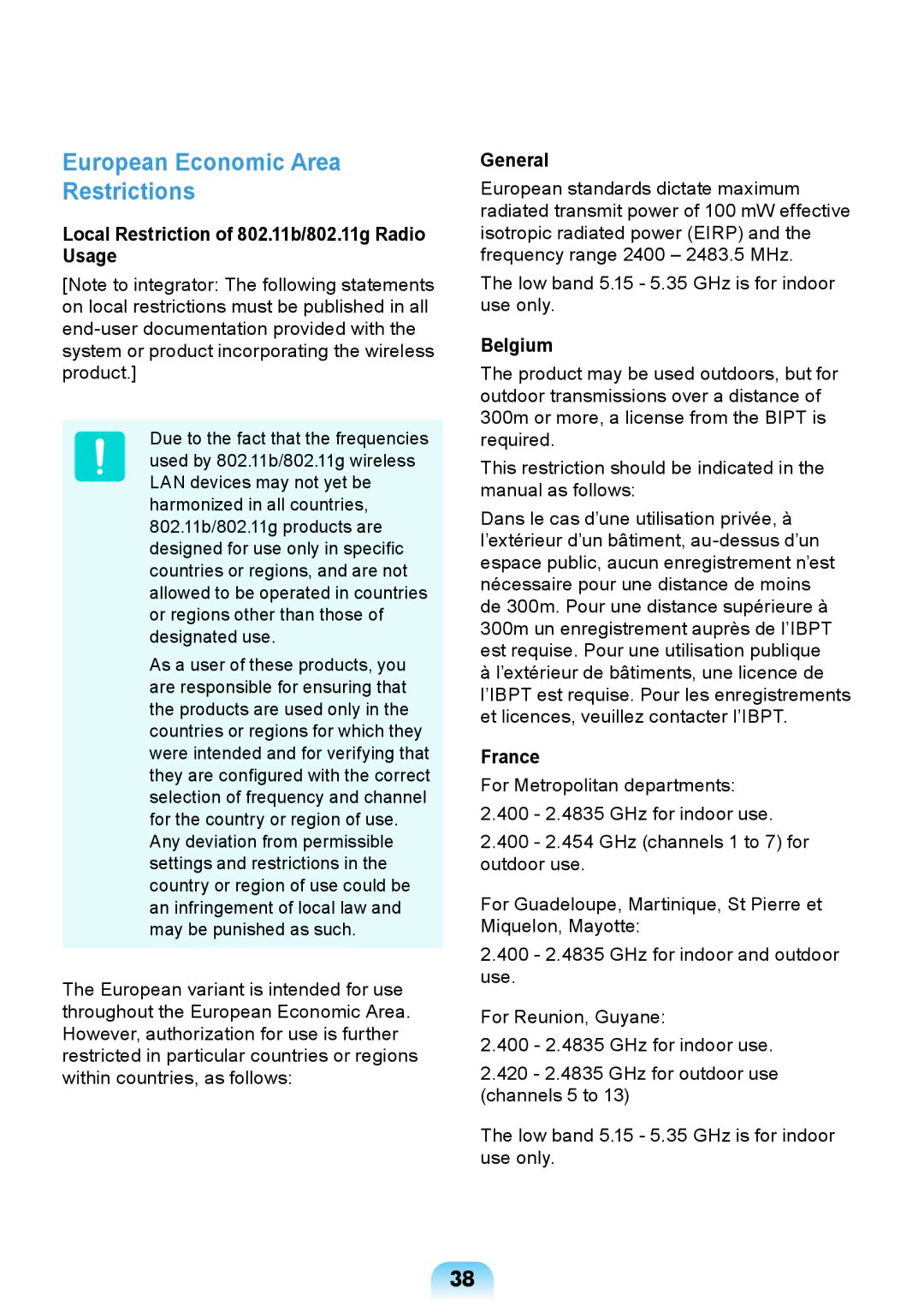 Samsung NP-RV418-S04VN European Economic Area Restrictions, Local Restriction of 802.11b/802.11g Radio Usage, General 