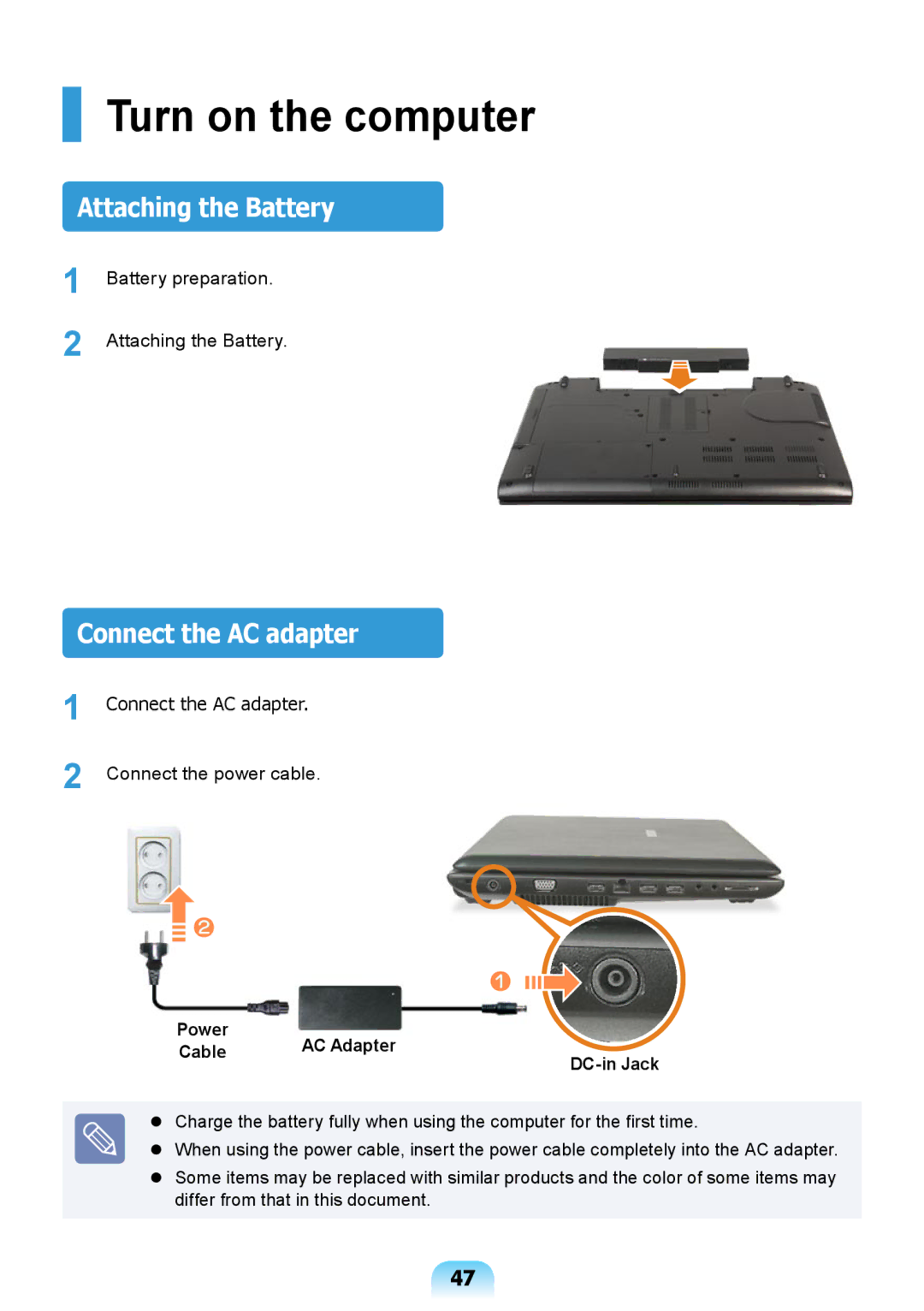 Samsung NP-N148-DA02VN manual Turn on the computer, Attaching the Battery, Connect the AC adapter, Power AC Adapter Cable 