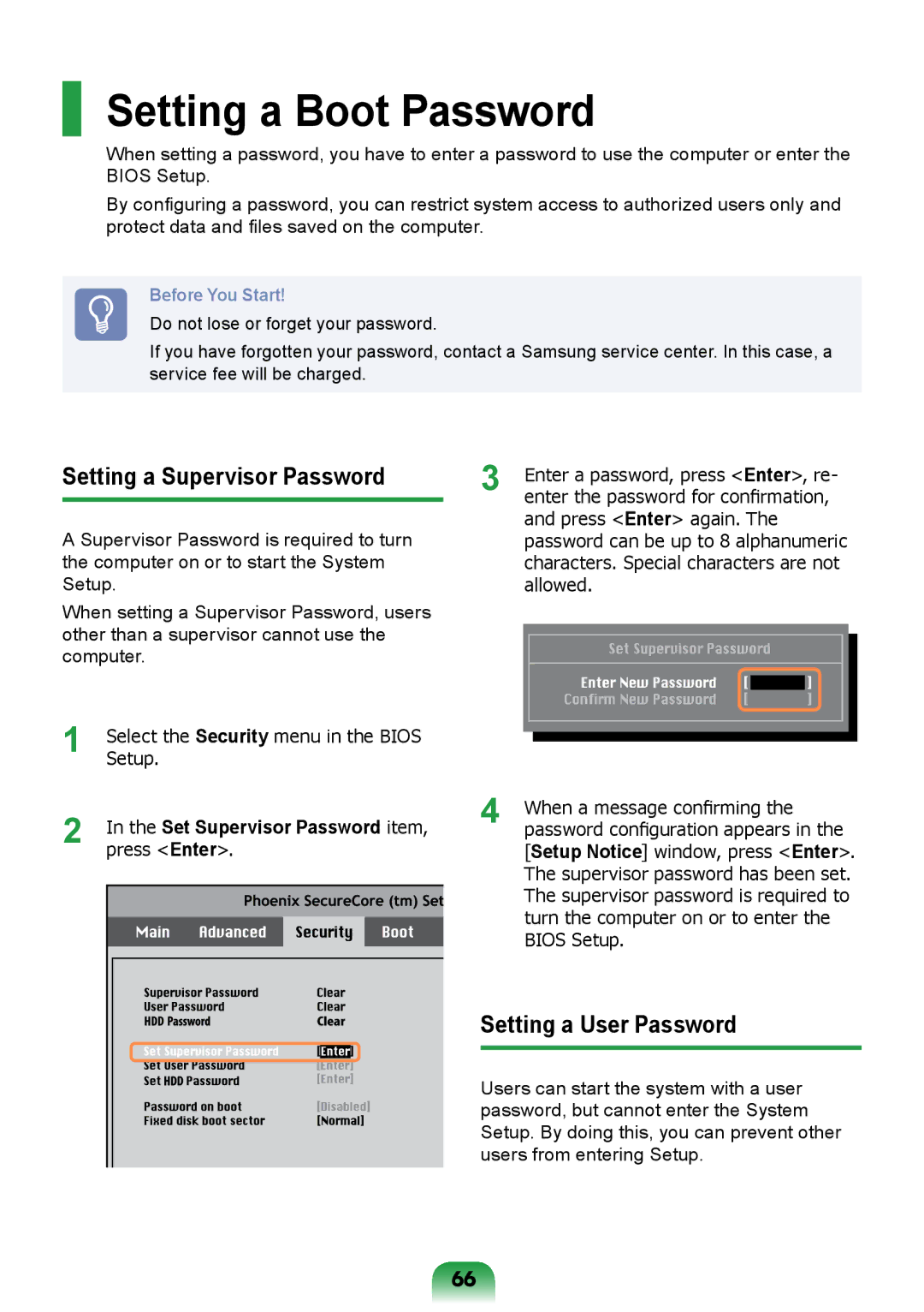 Samsung NP300E5V-A01BG, NP270E5R-X01TR Setting a Boot Password, Setting a Supervisor Password, Setting a User Password 