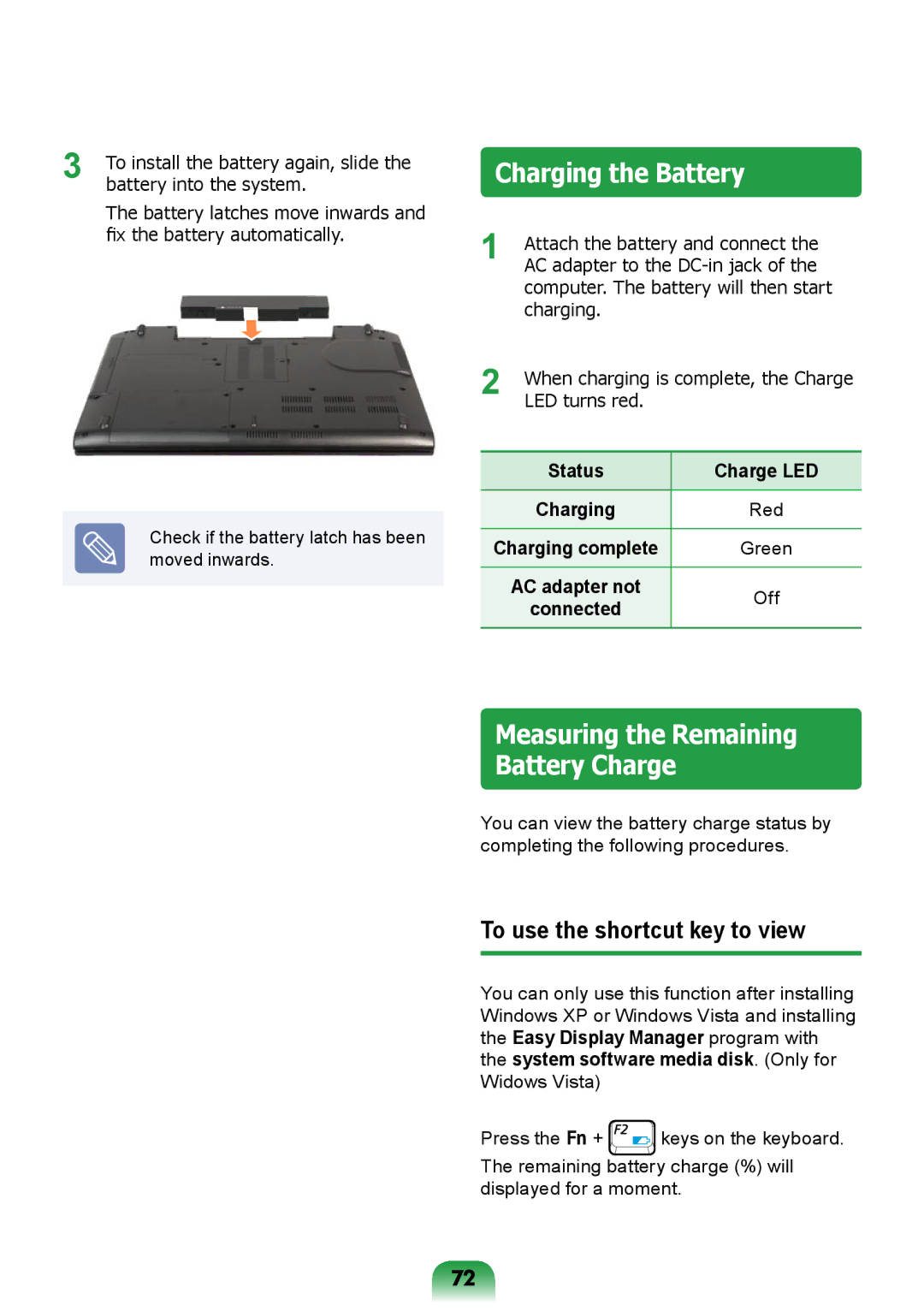 Samsung NP-RV518-S01RU, NP270E5R-X01TR, NP270E5U-K03TR, NP270E5U-X01TR Charging the Battery, To use the shortcut key to view 