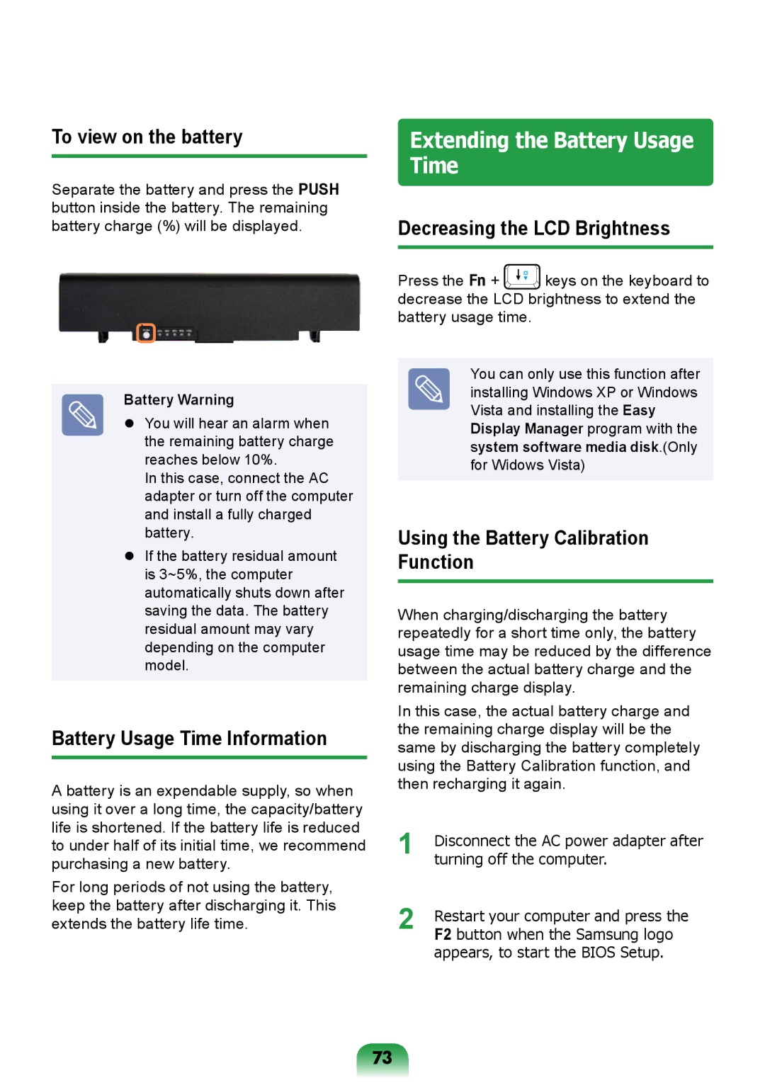 Samsung NP300E5V-E02RU manual Extending the Battery Usage Time, To view on the battery, Battery Usage Time Information 