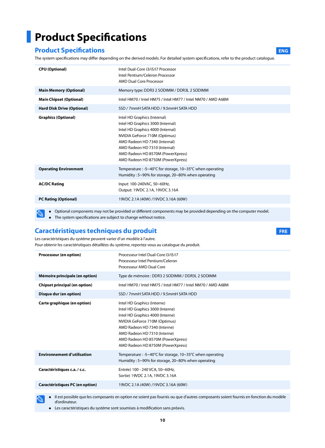 Samsung NP270E5V-K02IT, NP270E5V-K01IT manual Product Specifications, Caractéristiques techniques du produit, Eng, Fre 