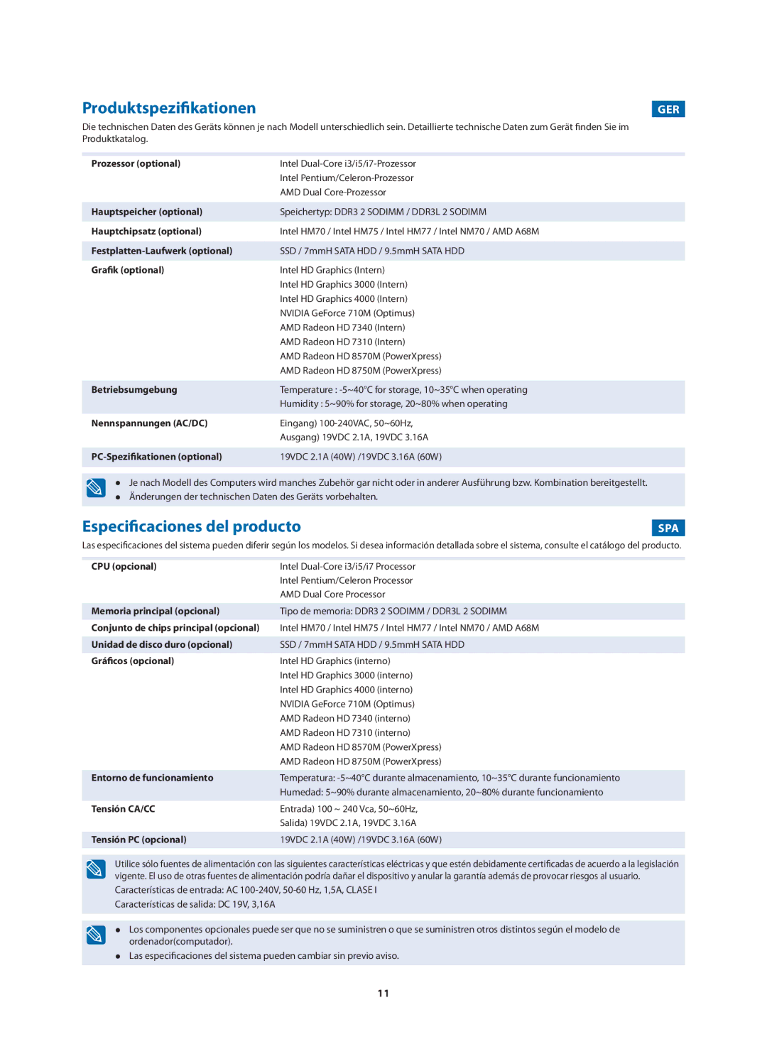 Samsung NP270E5U-K03IT, NP270E5V-K01IT, NP270E5V-K04IT manual Produktspezifikationen, Especificaciones del producto, Ger, Spa 