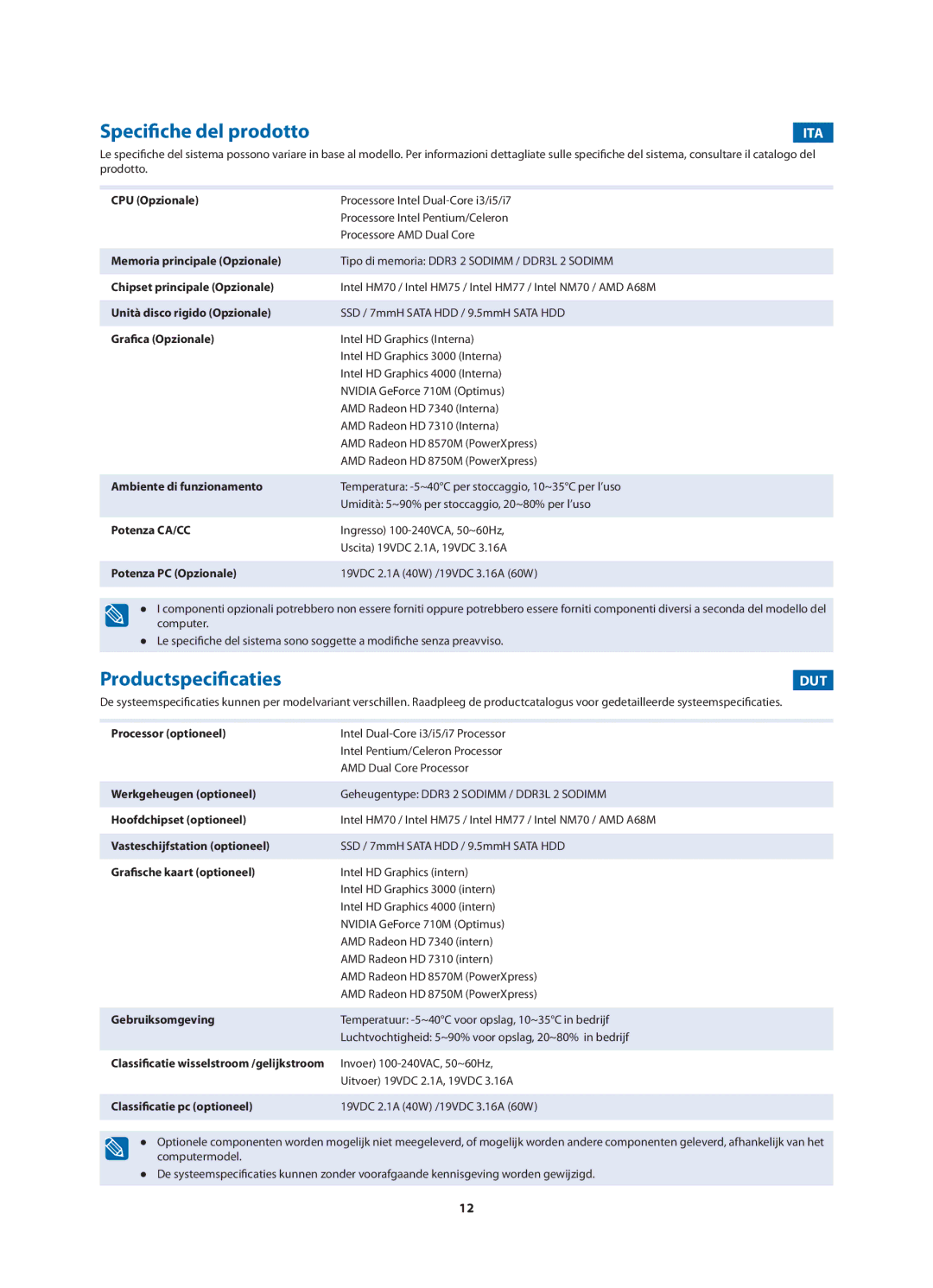 Samsung NP270E5U-K01IT, NP270E5V-K01IT, NP270E5V-K04IT manual Specifiche del prodotto, Productspecificaties, Ita, Dut 