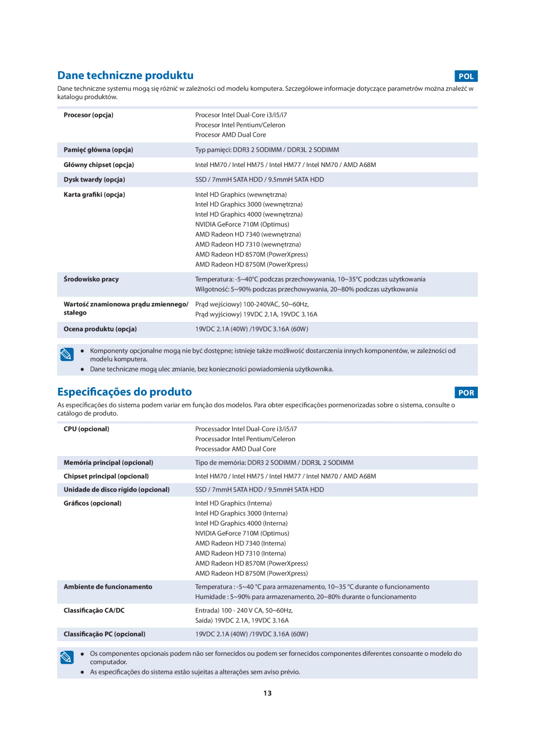 Samsung NP270E5V-K01IT, NP270E5V-K04IT, NP270E5V-K05IT manual Dane techniczne produktu, Especificações do produto, Pol, Por 