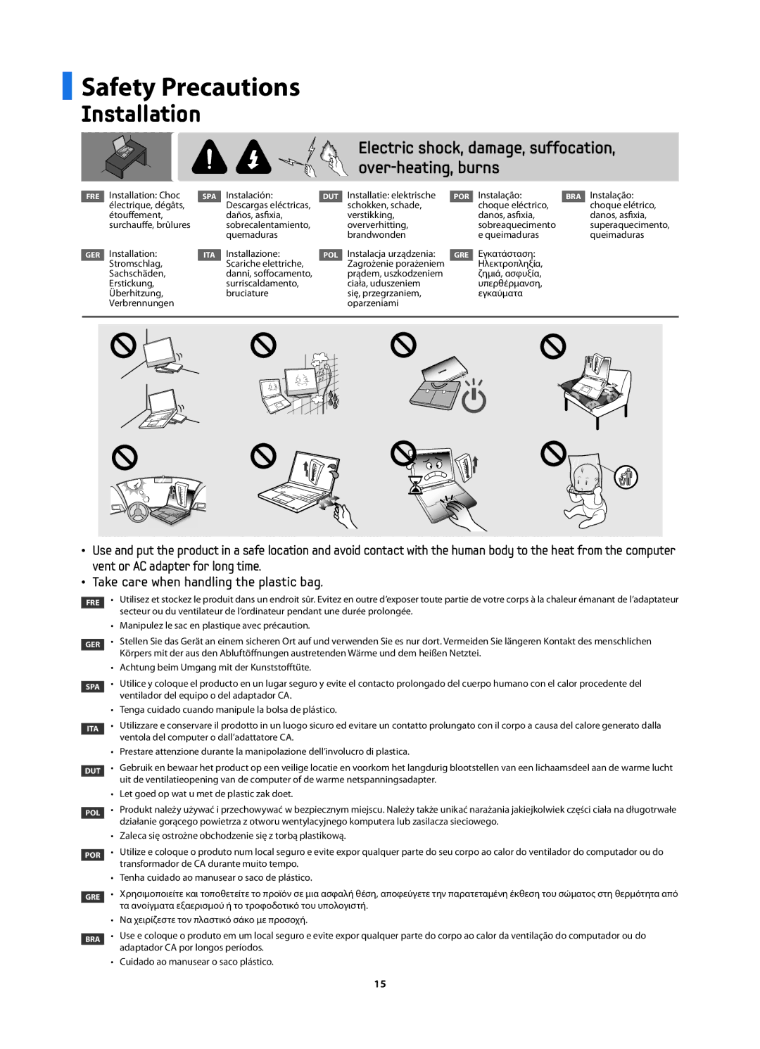 Samsung NP270E5V-K05IT, NP270E5V-K01IT, NP270E5V-K04IT, NP300E5X-A05IT, NP300E5X-A02IT manual Safety Precautions, Installation 