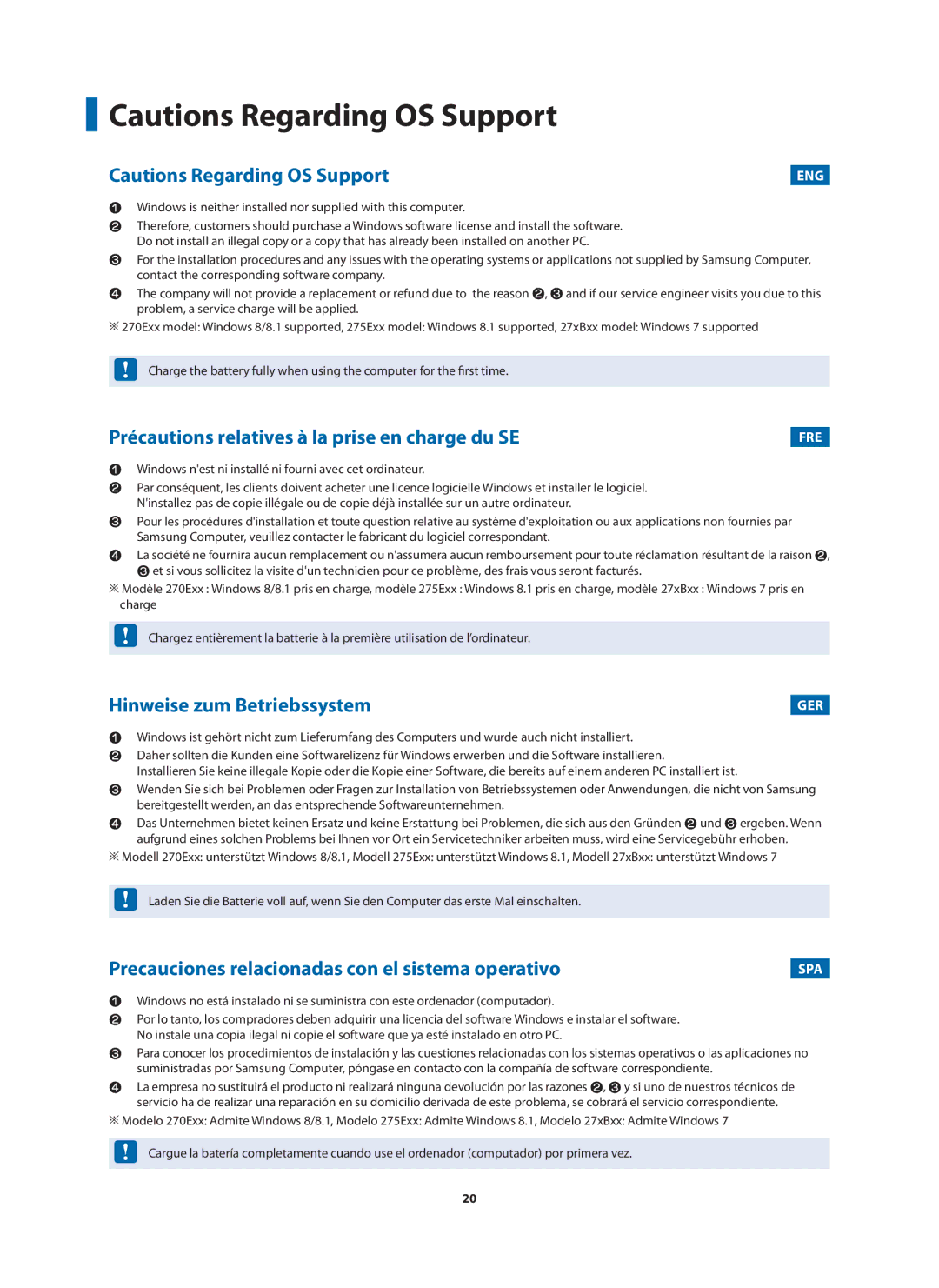 Samsung NP300E5X-A03IT, NP270E5V-K01IT manual Précautions relatives à la prise en charge du SE, Hinweise zum Betriebssystem 