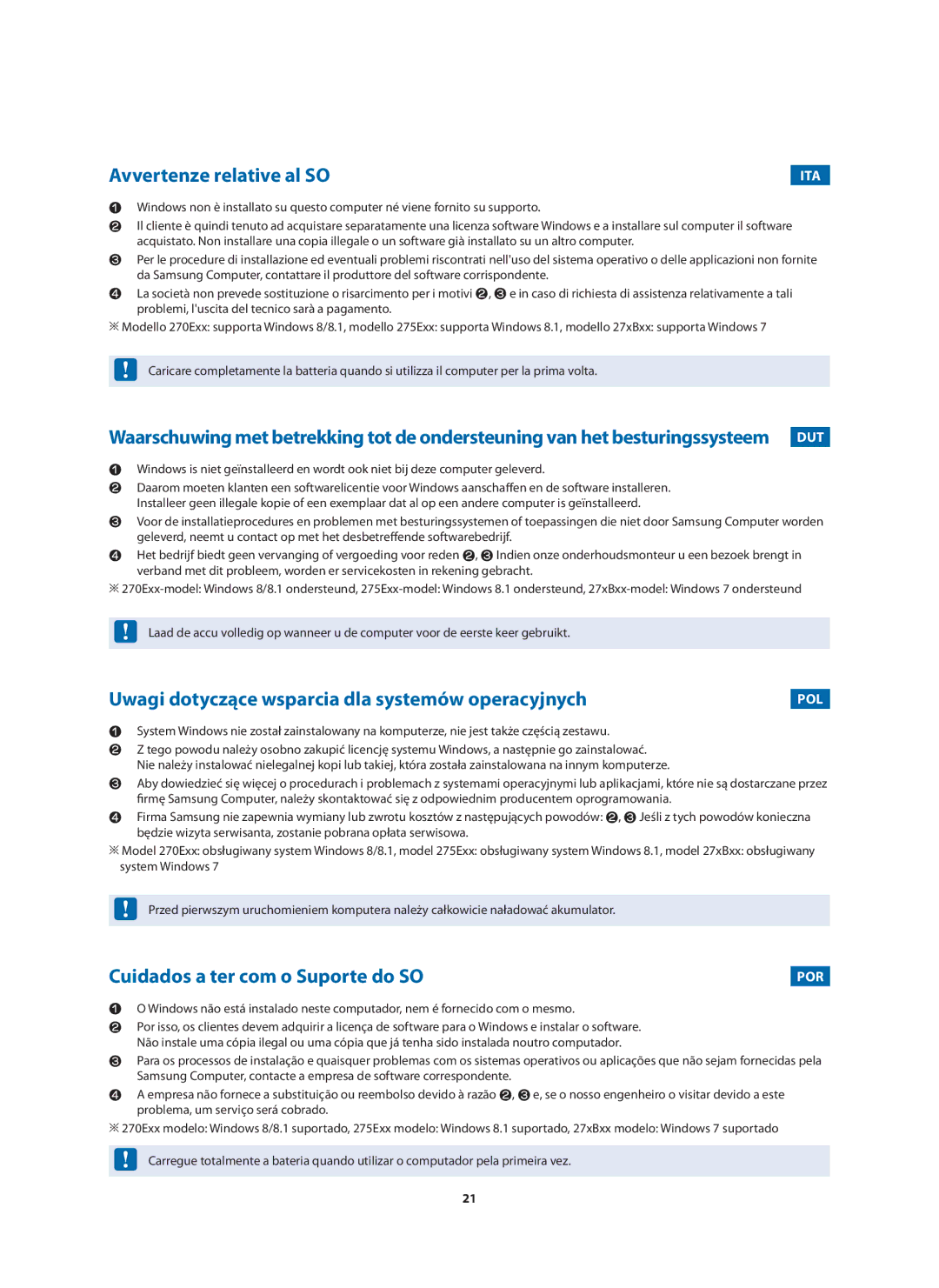 Samsung NP270E5V-K07IT, NP270E5V-K01IT manual Avvertenze relative al SO, Uwagi dotyczące wsparcia dla systemów operacyjnych 