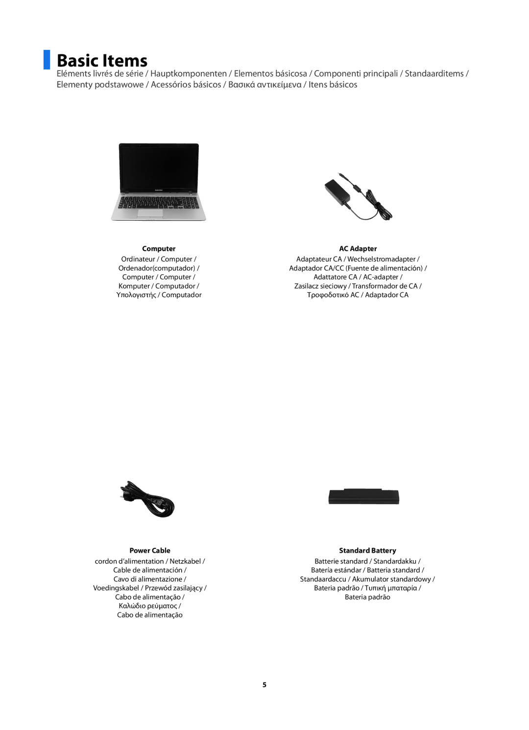 Samsung NP300E5X-A01IT, NP270E5V-K01IT, NP270E5V-K04IT manual Basic Items, Computer AC Adapter, Power Cable Standard Battery 