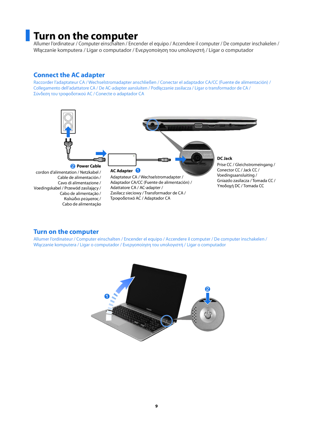 Samsung NP270E5V-K03IT, NP270E5V-K01IT, NP270E5V-K04IT, NP270E5V-K05IT manual Turn on the computer, Connect the AC adapter 