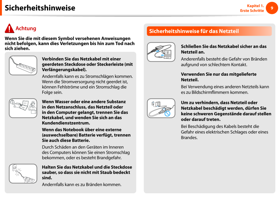 Samsung NP270E5E-K01GR manual Sicherheitshinweise für das Netzteil, Schließen Sie das Netzkabel sicher an das Netzteil an 