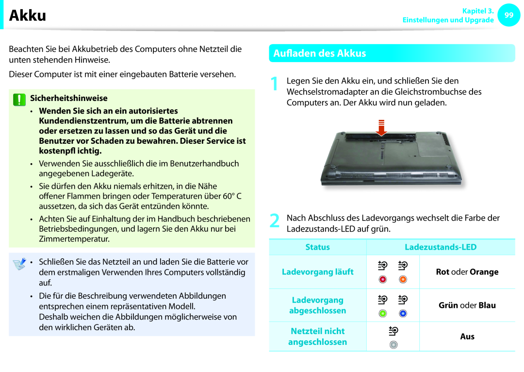 Samsung NP270E5E-K02PT manual Aufladen des Akkus, Sicherheitshinweise Wenden Sie sich an ein autorisiertes, Status 