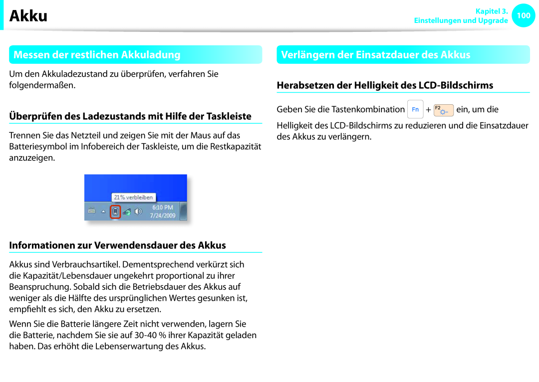 Samsung NP270E5E-K03IT, NP275E5E-K01GR manual Messen der restlichen Akkuladung, Verlängern der Einsatzdauer des Akkus 