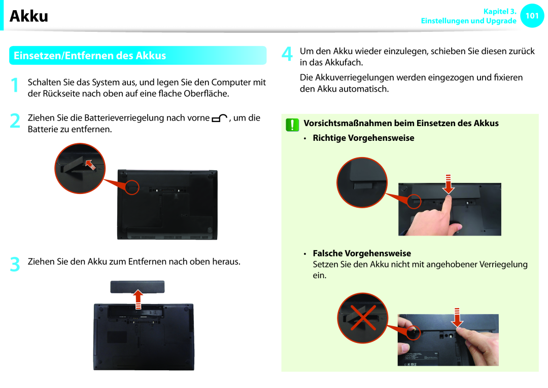 Samsung NP270E5E-X02AT manual Einsetzen/Entfernen des Akkus, Richtige Vorgehensweise, Falsche Vorgehensweise, Kapitel 