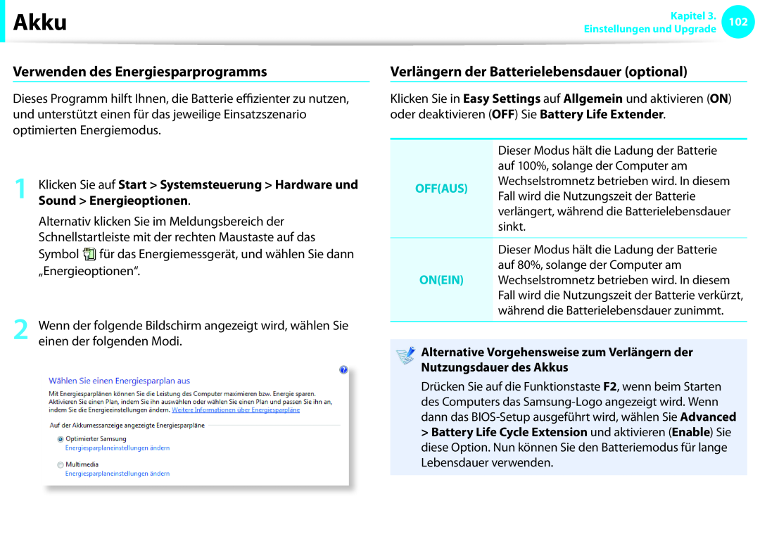 Samsung NP270E5E-X03DE manual Verwenden des Energiesparprogramms, Verlängern der Batterielebensdauer optional, Akku 