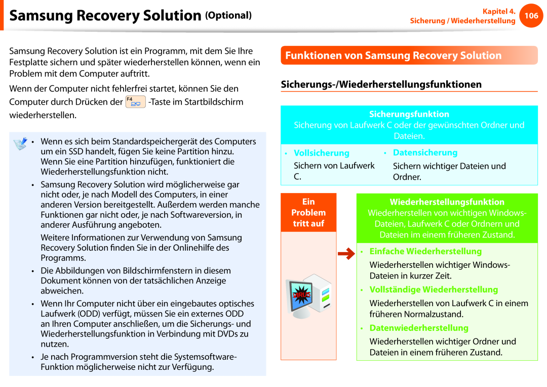 Samsung NP275E5E-K01DE manual Samsung Recovery Solution Optional, Funktionen von Samsung Recovery Solution, Vollsicherung 