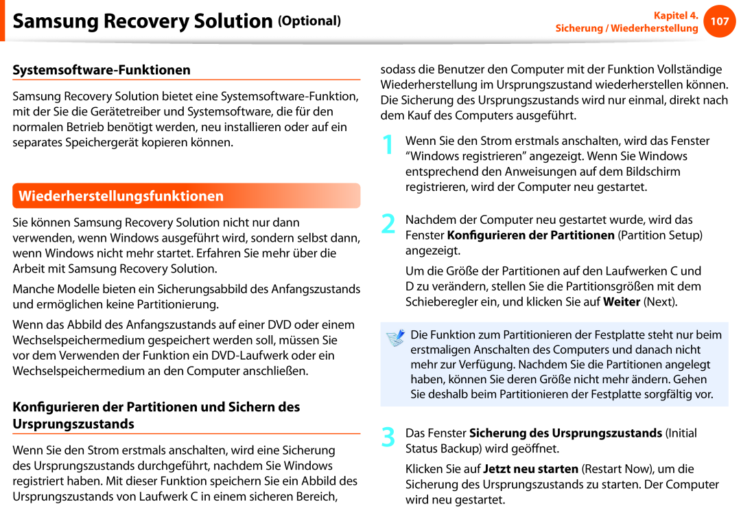 Samsung NP270E5E-X05DE manual Wiederherstellungsfunktionen, Systemsoftware-Funktionen, Samsung Recovery Solution Optional 