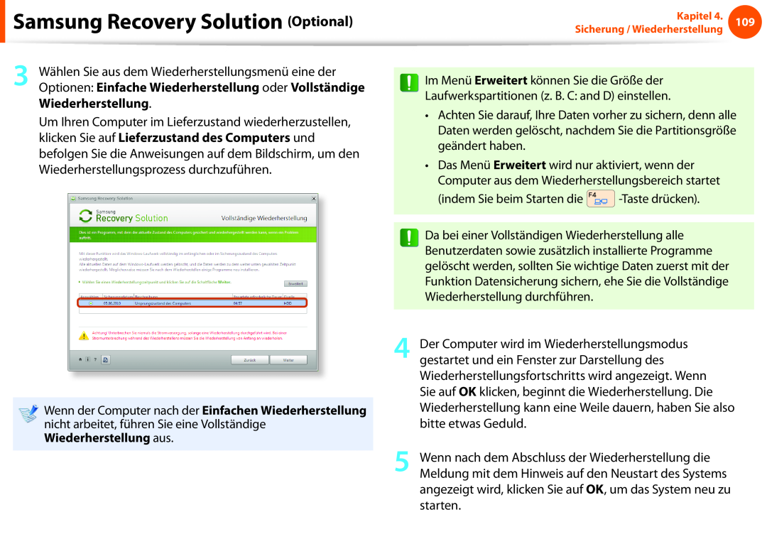 Samsung NP275E5E-X01DE manual Samsung Recovery Solution Optional, Wählen Sie aus dem Wiederherstellungsmenü eine der 