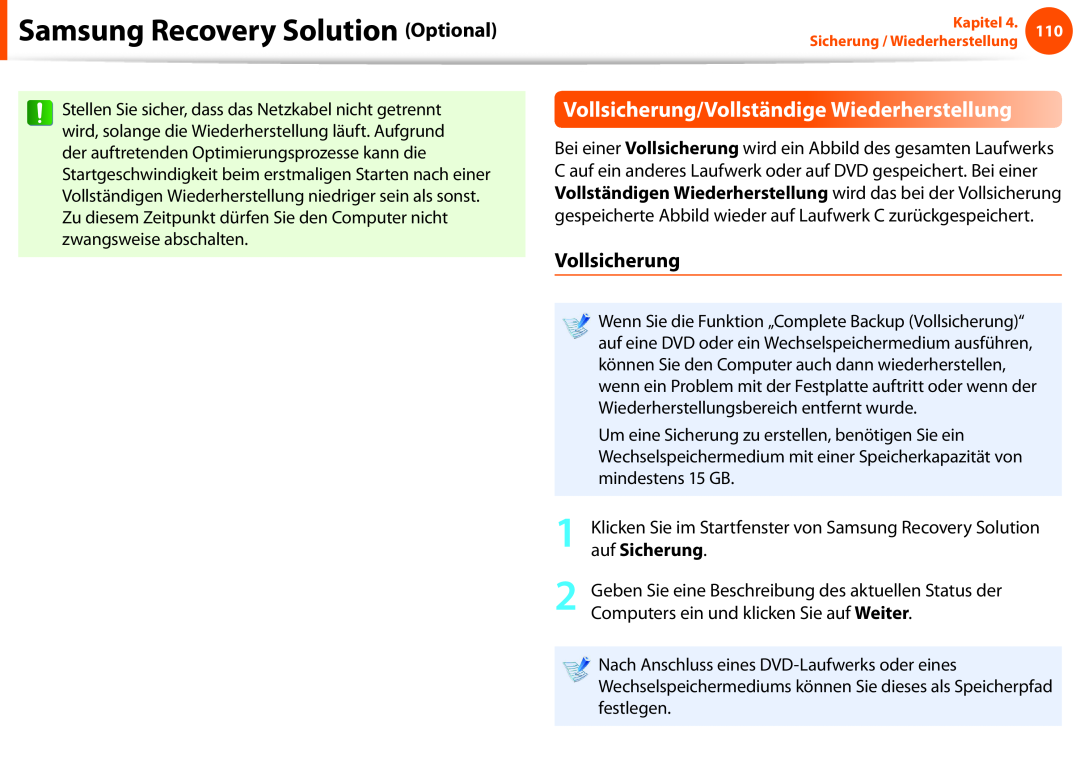 Samsung NP275E5E-K02IT Vollsicherung/Vollständige Wiederherstellung, auf Sicherung, Samsung Recovery Solution Optional 