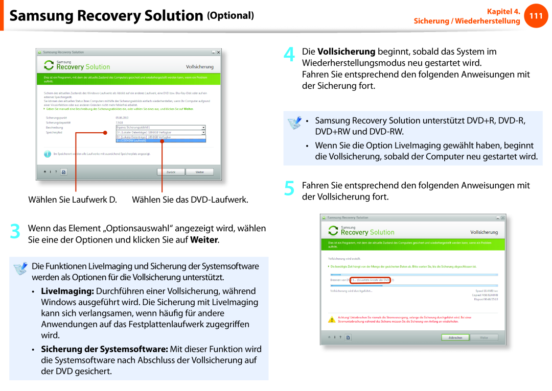 Samsung NP270E5E-X08TR, NP275E5E-K01GR, NP275E5E-X02DE manual Samsung Recovery Solution Optional, Wählen Sie Laufwerk D 